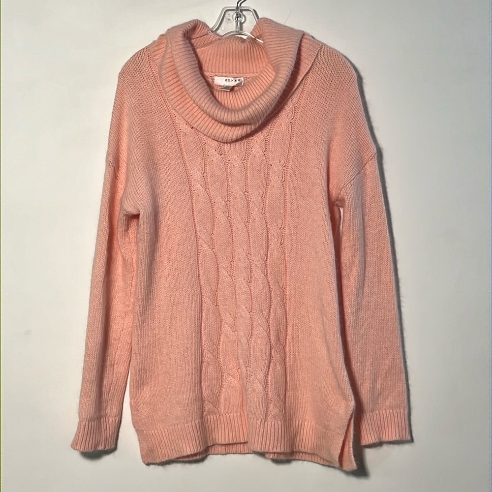 KENAR Angora Ballet Pink Long SLV Cable Front Cowl Career Preppy Tunic Sweater L